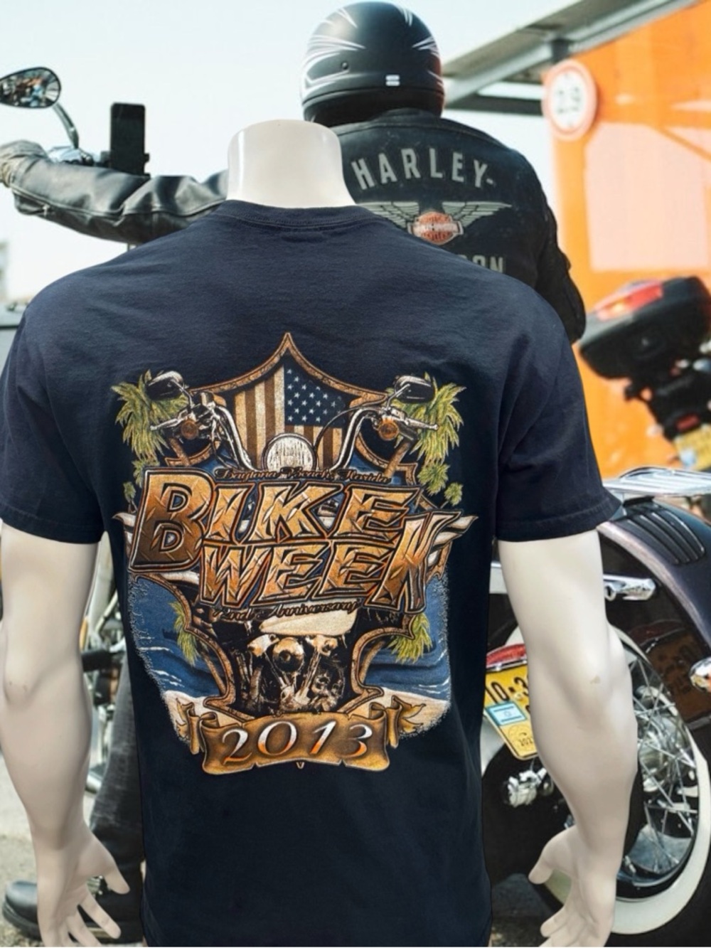 2013 Daytona Beach Bike Week Motorcycle Black USA Flag Double Side Graphic Tee L